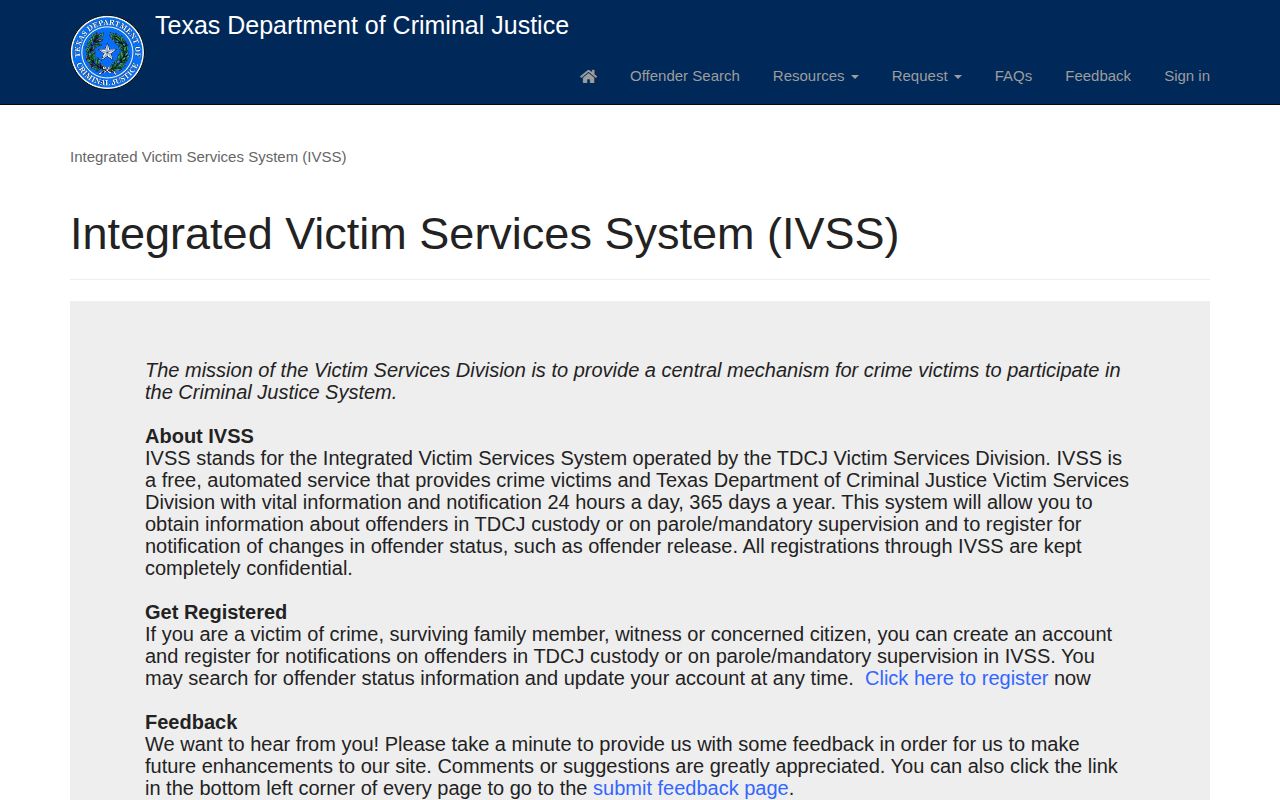 TDCJ IVSS release notification interface for Llano County state prisoners