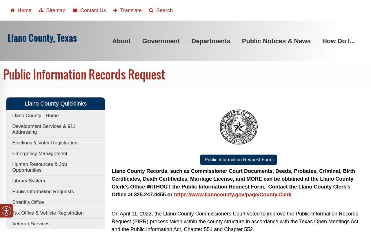 Llano County public information request page