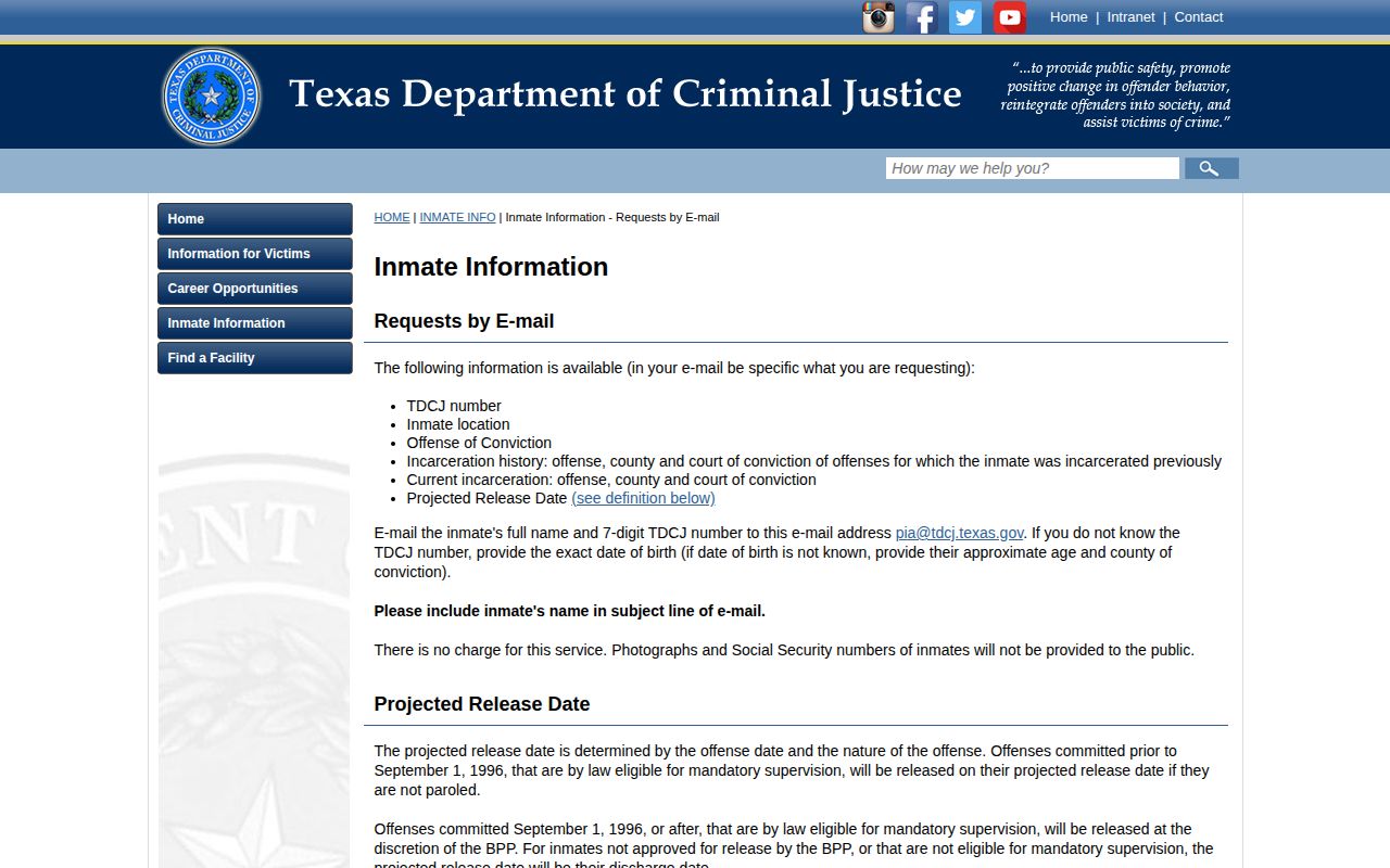 TDCJ projected inmate release date request for Llano County