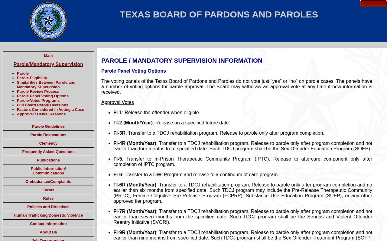 Llano County parole decision codes and release outcomes